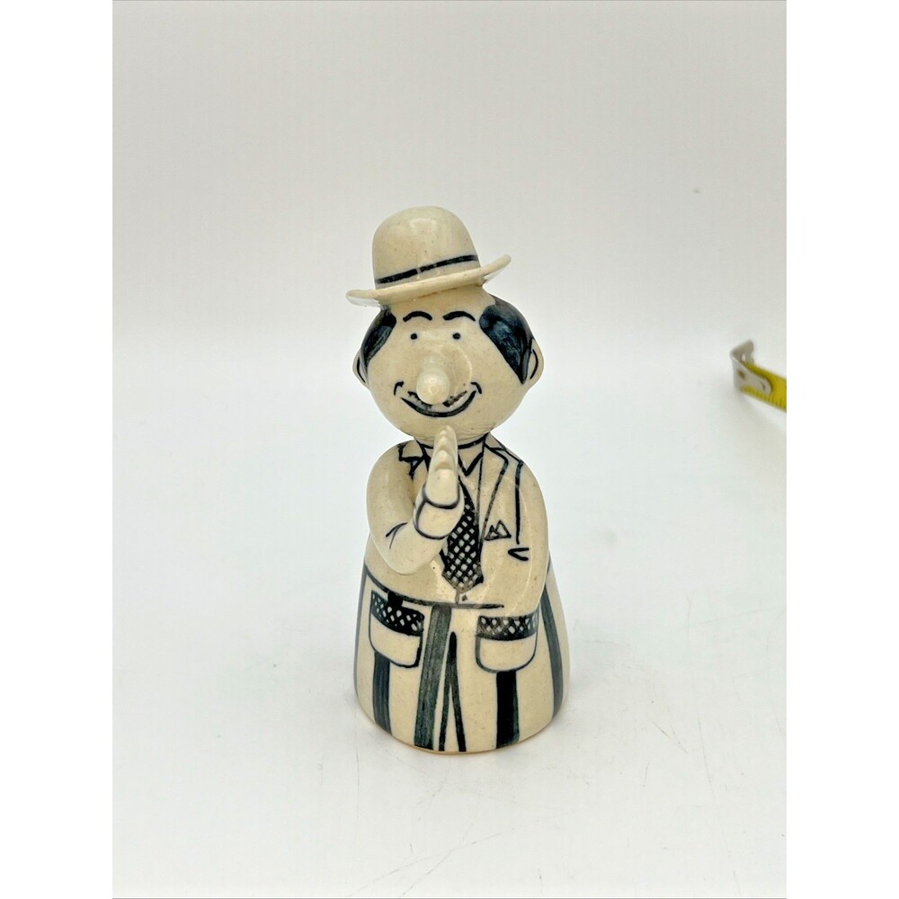 Vtg Croatian Ceramic Bell Man Waving -Black White 4.25” 2.75”